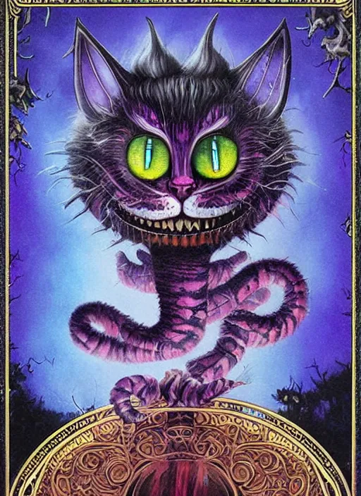 Image similar to cheshire cat the devil tarot card, highly detailed, cinematic, 8 k, bymegan duncanson, benjamin lacombe, naoto hattori, adrian borda, giger, trending on deviantart, hyper detailed, horror, full of colour