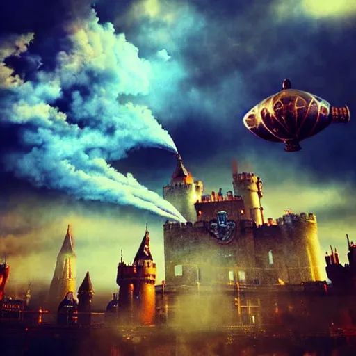 Prompt: big flying steam many castles fight in an epic battle in the clouds, steampunk, steam generators, steam parts, magical fog in the clouds, colorful city background, apocalypse, shooting magic shiny bubble