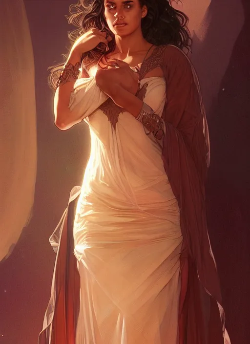 Image similar to cute brown woman wearing a transparent night gown, fantasy, intricate, highly detailed, digital painting, artstation, concept art, wallpaper, smooth, sharp focus, illustration, art by artgerm and greg rutkowski and alphonse mucha