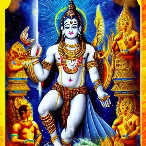 Image similar to lord vishnu, full body picture, bodybuilder, birth of the universe, multiverse, realistic, full HD, high quality, 4k