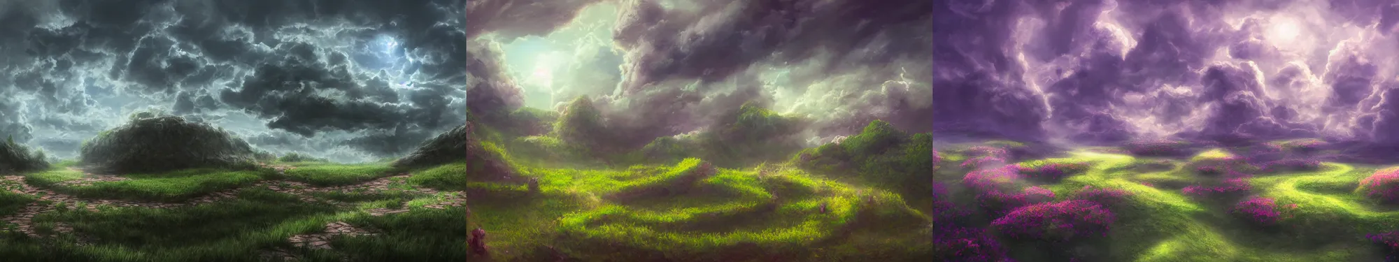 Prompt: Landscape, labyrinth, clouds. Lighting, bloom. Fantasy, digital painting, HD, 4k, detailed.