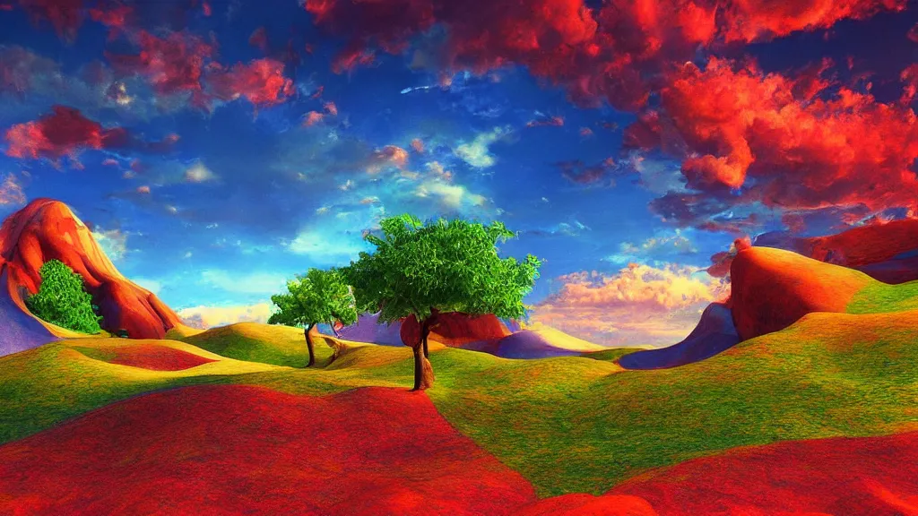 Image similar to beautiful landscape, surrealism, bright color pallet, low quality render