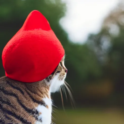 Image similar to a cat wearing a red beanie and a red hoodie