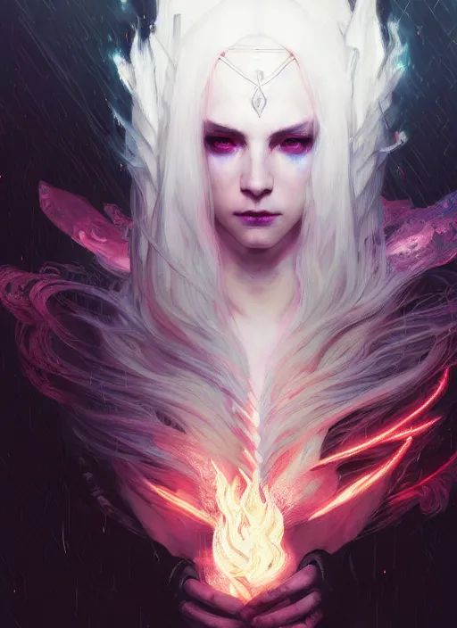 Image similar to a beautiful white haired pyromancer princess, intricate concept art, ethereal, ominous, mysterious, enchanted, magic, dramatic lighting, illuminated lines, outrun, vaporware, illuminated runes, cyberpunk darksynth, dark background, 8 k, by ruan jia and krenz cushart and alphonse mucha