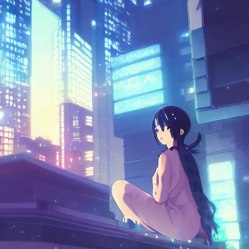 Image similar to beautiful anime painting of a woman with dark - blue hair sitting on a rooftop in a cyberpunk city, nighttime, by makoto shinkai, kimi no na wa, artstation, atmospheric, high detail