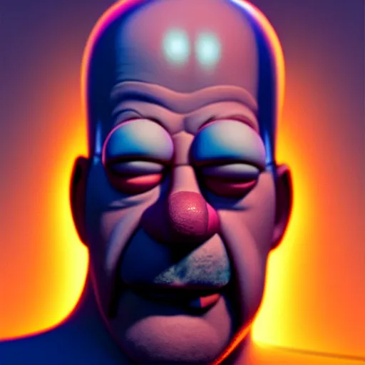Prompt: cinematic shot of an epic portrait of homer simpson, stylised, shiny skin, beautiful eyes, beautiful, small details, night setting, realistic poster with volumetric light from craig mallism, artgerm, jeremy lipkin and michael garmash, unreal engine, radiant light, digital art, trends at art station, a masterpiece
