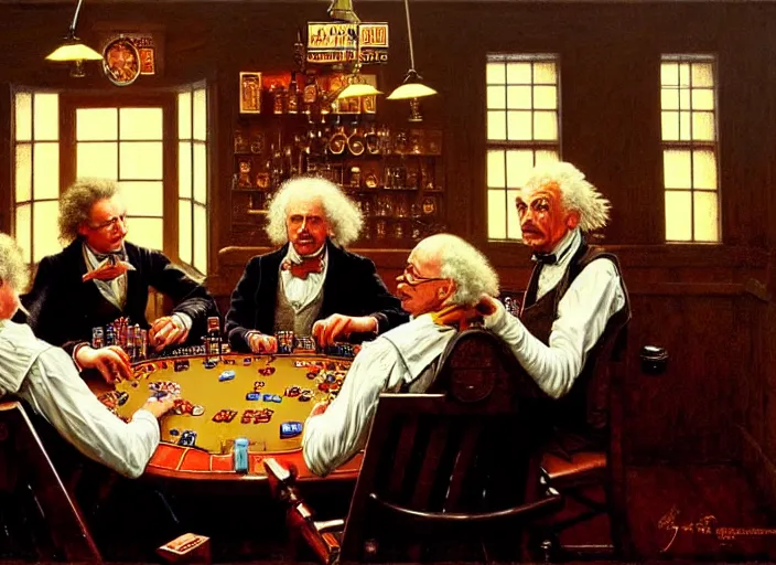 Prompt: isaac newton and stephen hawkins and albert einstein playing poker in an old west saloon, intricate, highly detailed, centered, digital painting, artstation, concept art, smooth, sharp focus, illustration, art by james gurney and norman rockwell and greg rutkowski