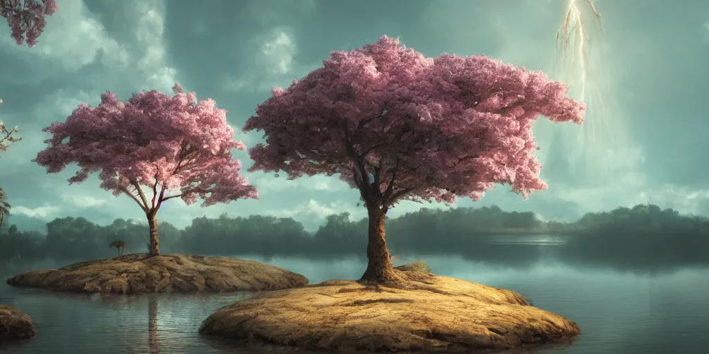 Image similar to a single sakura tree growing upon an island in a lake, illustration, light beams, digital art, oil painting, fantasy, 8 k, trending on artstation, detailed