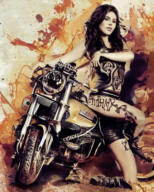 Image similar to centered in composition Adriana Chechik on a motorbike in sons of anarchy tv show, wearing a Desigual t-shit and leather, D&D style , highly detailed, digital art, trending on artstation, smooth, sharp focus, illustration, art by artgem and ROBERT HYNES