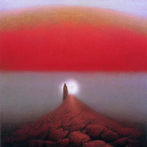 Image similar to The end of the world | a giant standing over the earth | Masterpiece Art by beksinski | Matte painting | Oil on canvas | Digital art | Fantastic and Ominous lighting with red and yellow gradient | Immensity | Romantic art