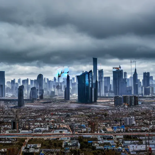 Image similar to Giant futuristic megacity towering across the landscape, post apocalyptic, EOS-1D, f/16, ISO 200, 1/160s, 8K, RAW, unedited, symmetrical balance, in-frame