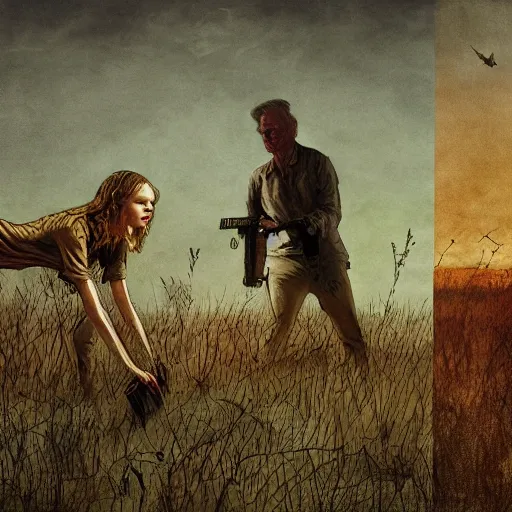 Image similar to Elle Fanning in the painted world of The Walking Dead, head and shoulders masterpiece, apocalypse, golden hour, cosmic horror, artstation, in the style of Andrew Wyeth and Edward Hopper and Bosch, extremely detailed