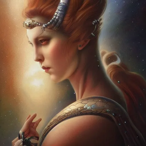 Image similar to a beautiful portrait of a celestial goddess by Jim Burns and Tom Bagshaw