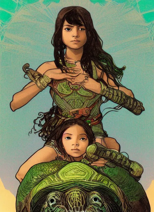 Prompt: portrait of a little warrior girl sitting on top of a giant turtle in the desert. the girl has dark skin and beautiful green eyes, realistic body legs and a very beautiful detailed symmetrical face with long black hair. the turtle has a big wise face and closed eyes. diffuse light, dramatic landscape, fantasy illustration by mucha