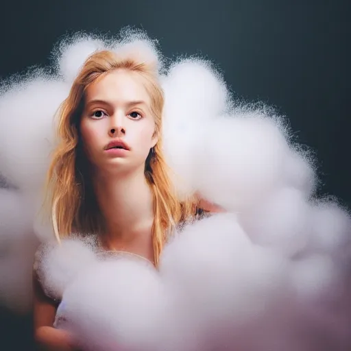 Image similar to photorealistic portrait of cute girl model, close up, staring directly at camera, fluffy soft big cotton balls floatingaround, studio lighting, blurry background, shot on iphone 1 3 pro, by annie leibovitz