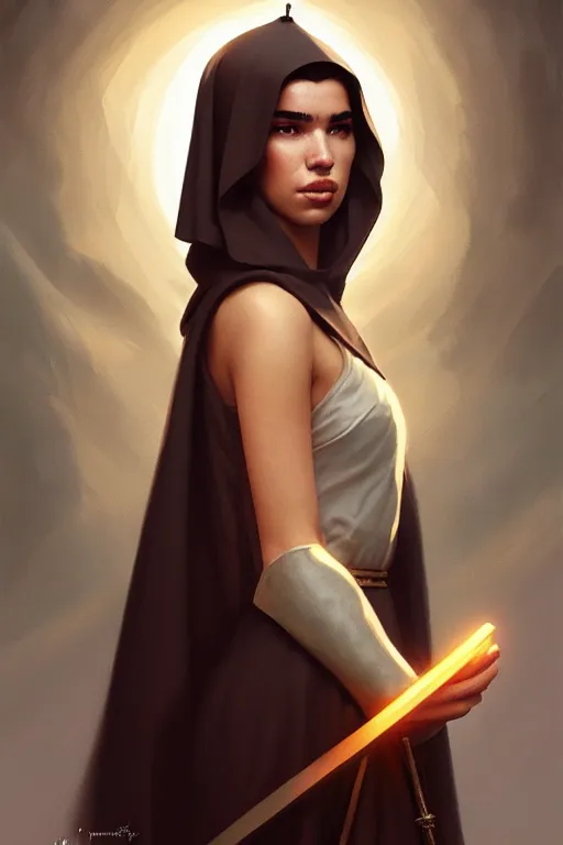 Image similar to portrait of dua lipa as a beautiful warrior nun as drawn by eric anthony johnson ericanthonyj artstation artgerm greg rutkowski and magali villeneuve 8 k subsurface scattering, soft light