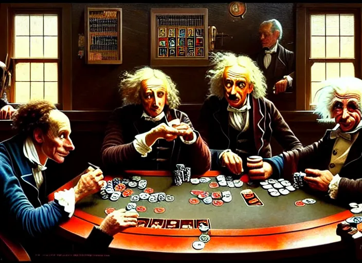 Prompt: isaac newton and stephen hawkins and albert einstein playing poker in an old west saloon, intricate, highly detailed, centered, digital painting, artstation, concept art, smooth, illustration, art by james gurney and norman rockwell and greg rutkowski