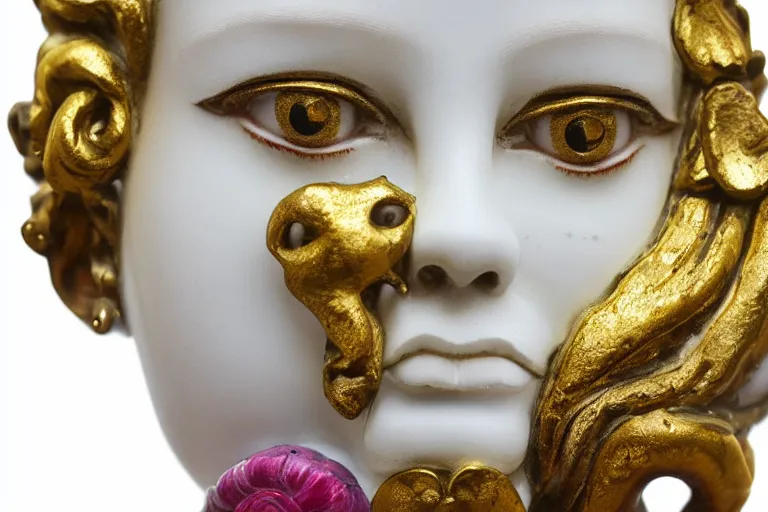 Image similar to full head and shoulders, beautiful female, colourful porcelain sculpture, hindu god, with lots of ornate gold leaf, attached to head by daniel arsham and james jean, on a white background, delicate facial features,