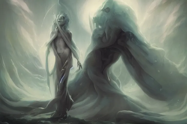 Image similar to a humanoid creature with pale white skin and a gaunt face. the creature is bald and its eyes are shining, emitting sunlight. it is wearing a black flowing cloak that looks like mist. art by peter mohrbacher.