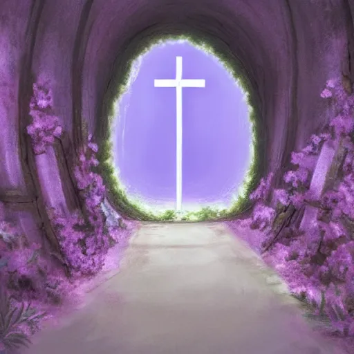 Image similar to a christian cross as the light is shining at the end of the tunnel, paradise outside of the tunnel, with pale purple and pale pink lighting, cute, aesthetic, anime, with a few vines and overgrowth, studio ghibli, cinematic, painting, high definition, digital art, symmetrical, very detailed, extremely high detail, photo realistic, concept art, unreal engine 5,