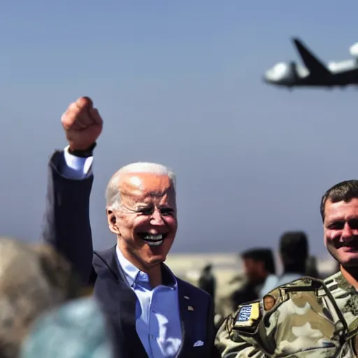 Prompt: joe biden laughing as planes leave afghanistan,