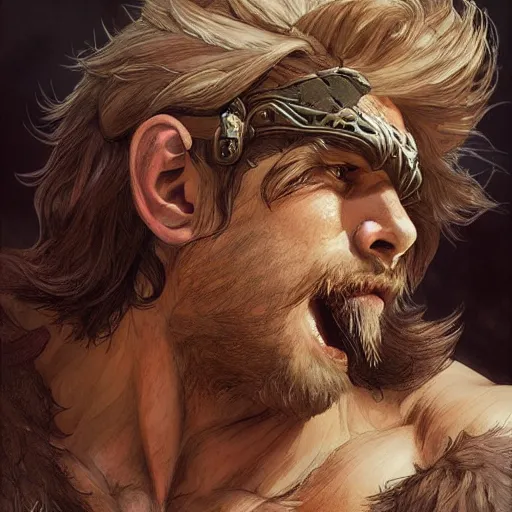 Image similar to portrait of a gruff ranger, muscular, upper body, hairy chest, D&D, fantasy, intricate, elegant, highly detailed, digital painting, artstation, concept art, matte, sharp focus, illustration, art by Artgerm and Greg Rutkowski and Alphonse Mucha