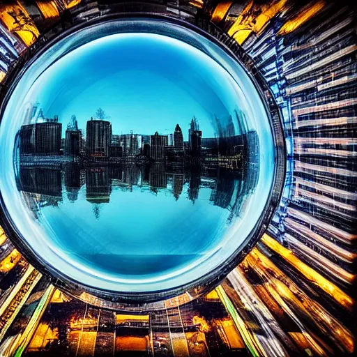 Prompt: huge city inside a water bubble, via tilt shift photography