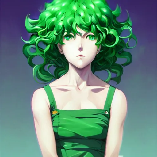 Image similar to detailed portrait art of tatsumaki with green curly hair, art by ross tran ilya kuvshinov krenz cushart, very detailed, intricate, digital anime art, sharp focus