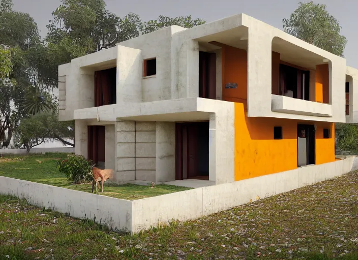 Image similar to low - cost housing designed by architect b v doshi, contemporary indian architecture style ; wide angle view 1 4 mm lens f 2 2 ; evermotion archexterior, v - ray + unreal engine + real life natural photo + daz studio iray + highly detailed 8 k textures + hdr lighting, ray traced, vue render, artstation