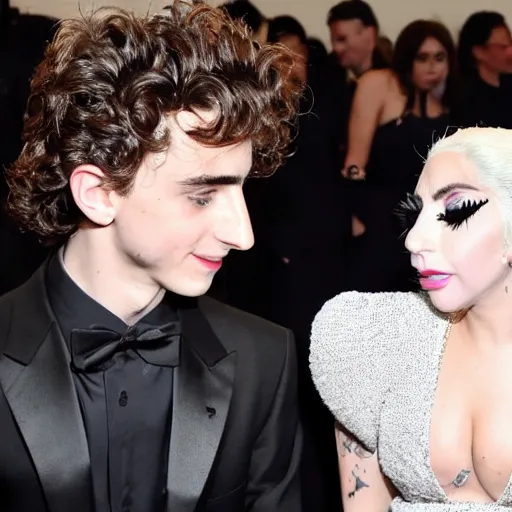 Image similar to timothee chalamet and lady gaga meet eachother