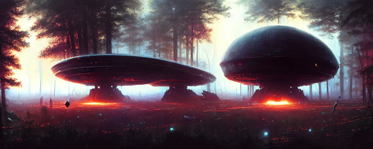 Prompt: a giant megastructure spaceship wrecked and lost in the forest, a small fire in the distance, powerful laser light and large sound system on the left side close to the camera, detailed digital art by greg rutkowski.