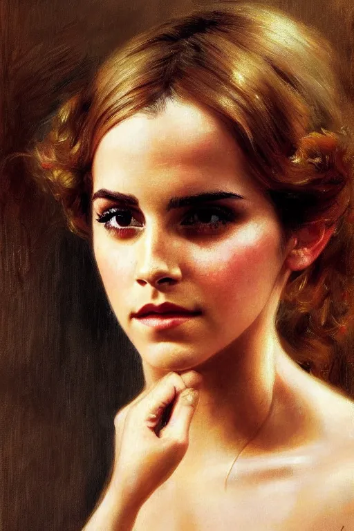 Image similar to detailed portrait of a beautiful emma watson 1 9 7 0 s hairstyle muscular, painting by gaston bussiere, craig mullins, j. c. leyendecker