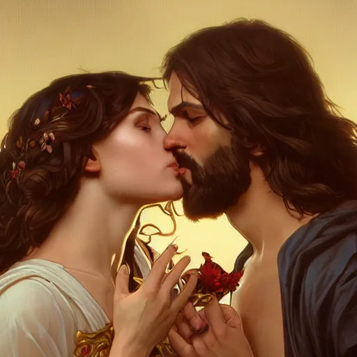 Image similar to 1 8 th jesus kissing a woman, intricate, elegant, highly detailed, digital painting, artstation, concept art, matte, sharp focus, illustration, art by artgerm and greg rutkowski and alphonse mucha