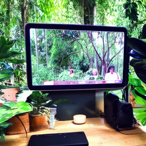 Prompt: a photograph of a jungle, with an outdoor office set up in the immediate frame, point of view of a video call, wide angle, morning light