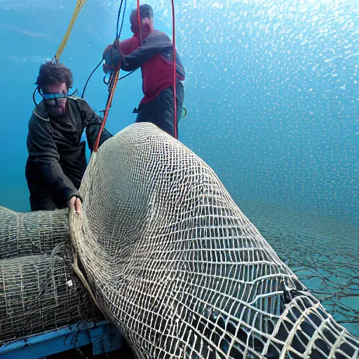 Prompt: trawl nets dragging over the seabed