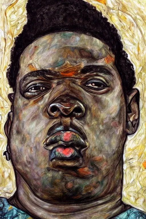 Prompt: a portrait of biggie smalls in style of egon schiele and herakut, masterpiece, hyperdetailed, complex, intricate, veiled, 4 k, 8 k, dynamic!!, trending on artstation