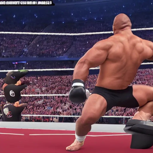 Prompt: ricardo milos vs the rock, fighting at wwe wrestling stadium, while the crowd goes wild, photo realistic