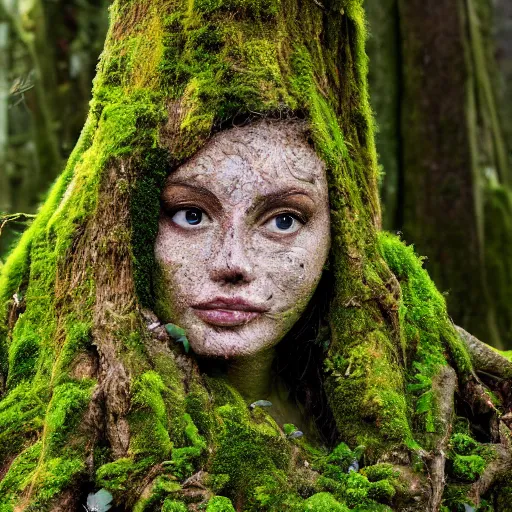 Image similar to a woman's face emerging from the roots of a tree, covered in moss, flowers, mother nature