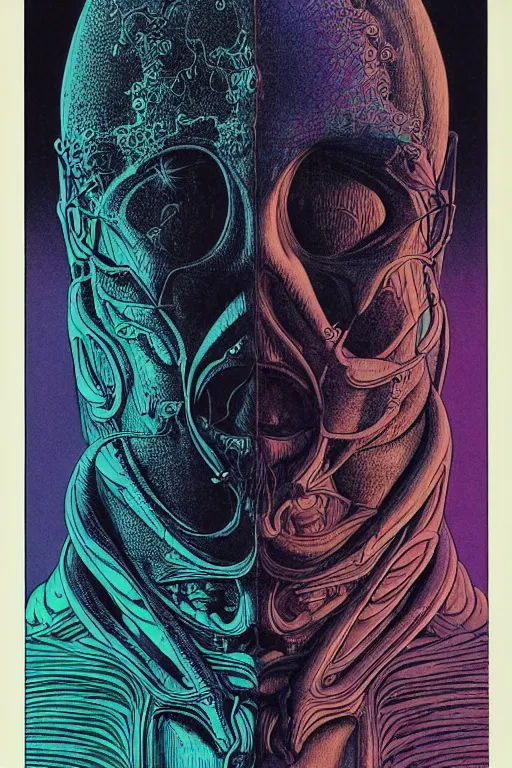 Image similar to portrait of black and psychedelic grainshading print by moebius, richard corben, wayne barlowe, cyberpunk comic cover art, psychedelic triangular skeleton, very intricate, thick outline, full body, symmetrical face, long black crown, in a shapes background, galactic dark colors