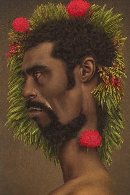 Image similar to an African American man's face in profile, long beard, made of flowers and fruit, in the style of the Dutch masters and Gregory crewdson, dark and moody