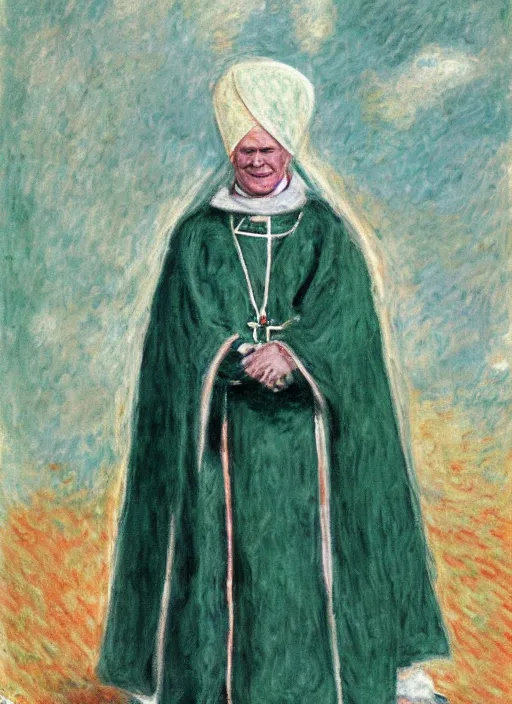 Image similar to white turban and shoulder pads with cape wearing john paul ii as piccolo from dragon ball z by claude monet