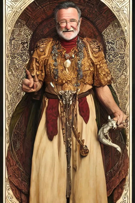 Image similar to an ultradetailed full body portrait of robin williams dressed as sheogorath, d & d, fantasy, intricate, elegant, highly detailed, digital painting, matte, sharp focus, illustration, art by john collier and albert aublet and krenz cushart and artem demura and alphonse mucha