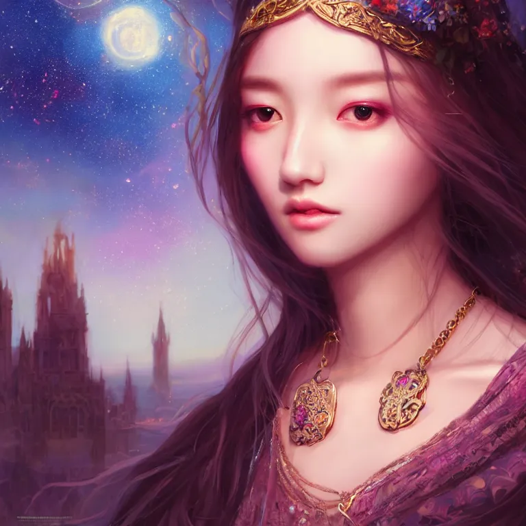 Prompt: masterpiece portrait charming and miracle female luxury astromancer boho accessories in dreamlike movie, kpop, high detailed face, art by artgerm, greg rutkowski, sasoura, satchely, big major starry sky and city in background, uhd, medium long shot, fantasy, twlight, no distorsion, sharp focus,