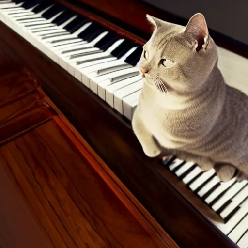 Prompt: portrait of british shorthair cat sitting on piano keys with colorful musical notes in background