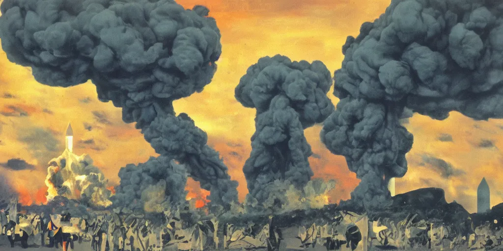 Image similar to Sacking of Washington DC, Mushroom Cloud, 1958, Oil on Canvas, Antiwar, dramatic, digital art