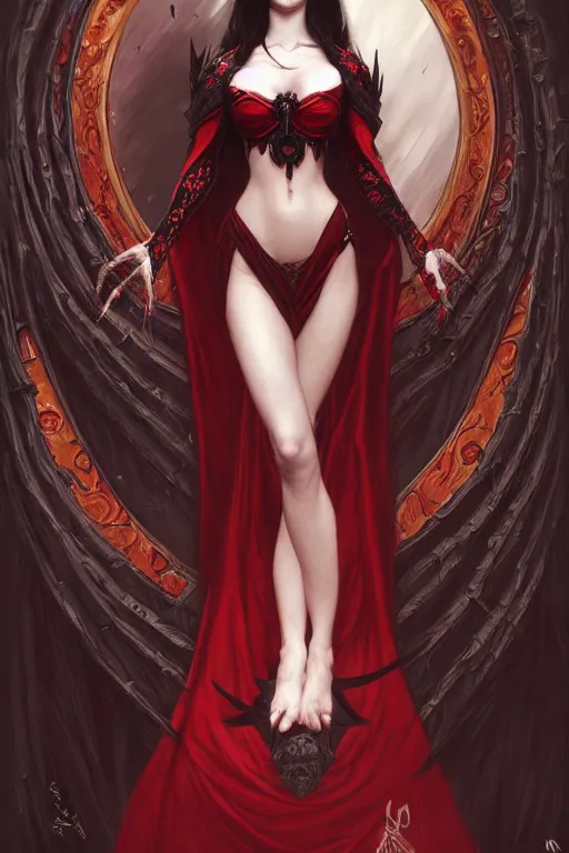 Image similar to Beautiful vampire female princess, black and red silk clothing, black demonic eyes, Full body shot, D&D, fantasy, intricate, elegant, highly detailed, digital painting, artstation, concept art, matte, sharp focus, illustration, hearthstone, art by Artgerm and Greg Rutkowski and Alphonse Mucha