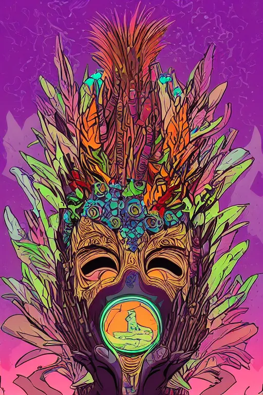 Image similar to animal mask totem roots flower tribal feather gemstone plant wood rock shaman vodoo video game vector cutout illustration vivid multicolor borderlands comics by josan gonzales and dan mumford radiating a glowing aura