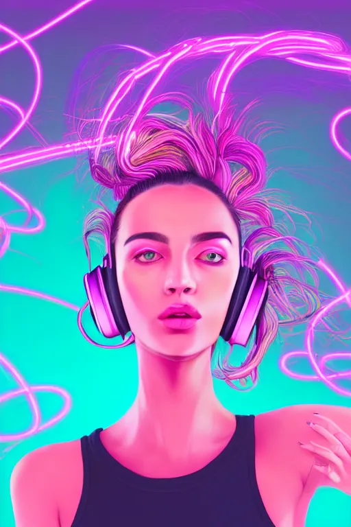 Image similar to a award winning half body portrait of a beautiful woman with stunning eyes in a croptop and cargo pants with ombre purple pink teal hairstyle dancing with headphones on her ears by thomas danthony, surrounded by whirling illuminated lines, outrun, vaporware, shaded flat illustration, digital art, trending on artstation, highly detailed, fine detail, intricate