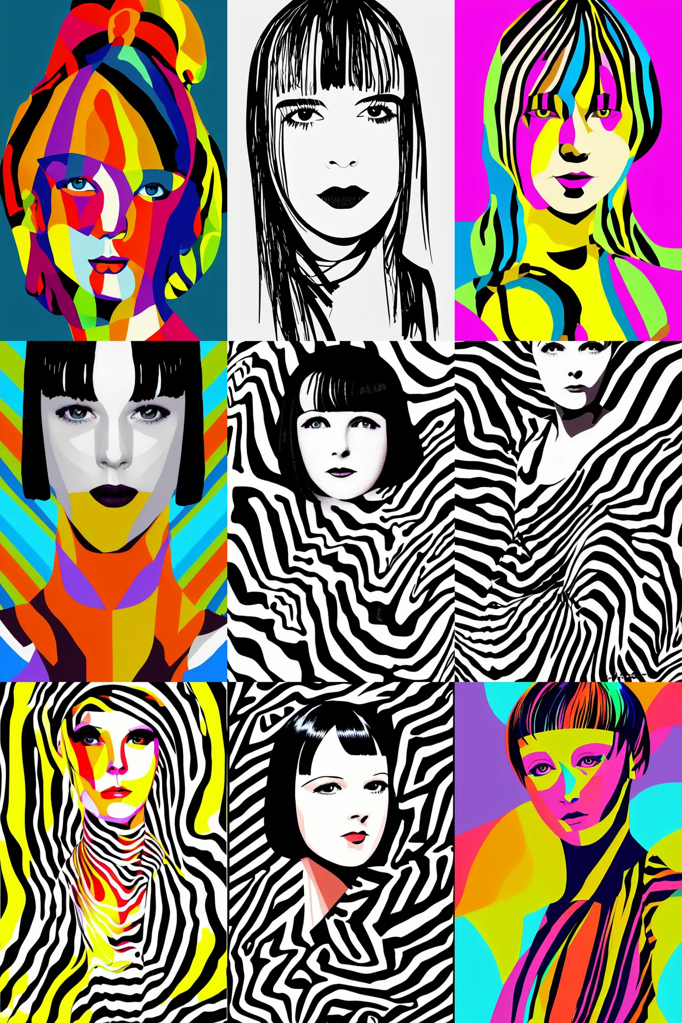 Prompt: vector portrait of 2 2 yeard old mary louise brooks, zebra op art, artstation, bright colours