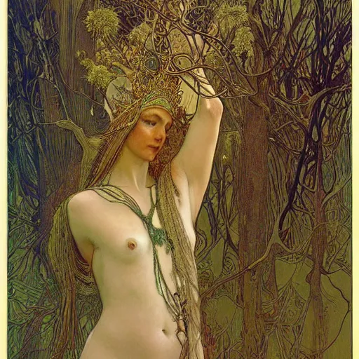 Prompt: priestess wearing a crown of twisting branches, by beksinski and alphonse mucha